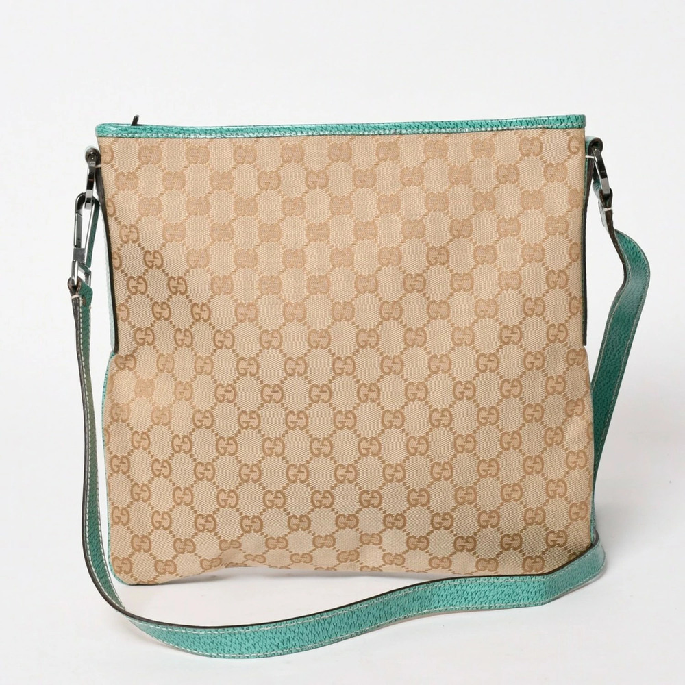 Gucci Square Messenger Crossbody Bag GG Metal Leather Turquoise Blue Beige